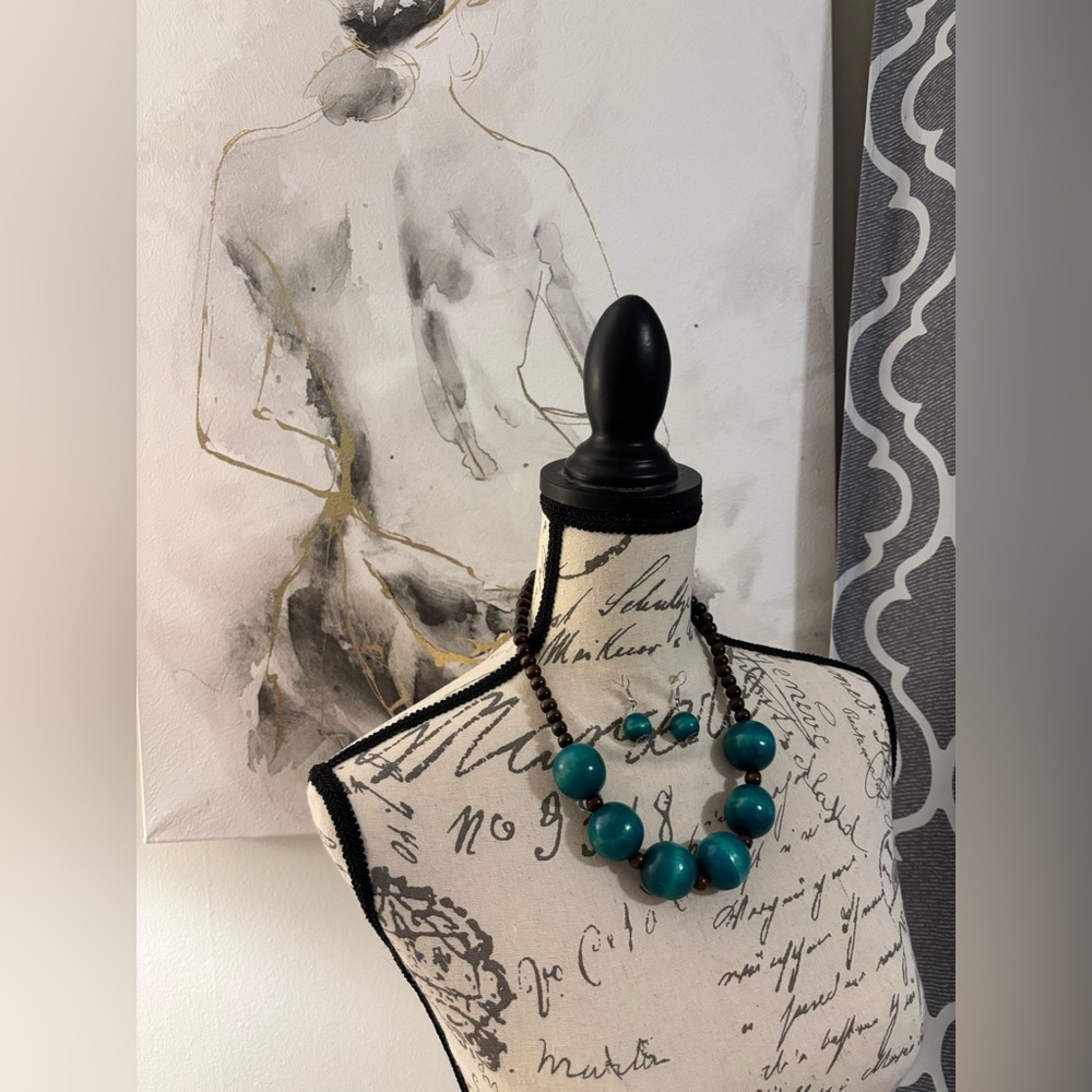Teal and Brown Beaded Necklace and Earring Set